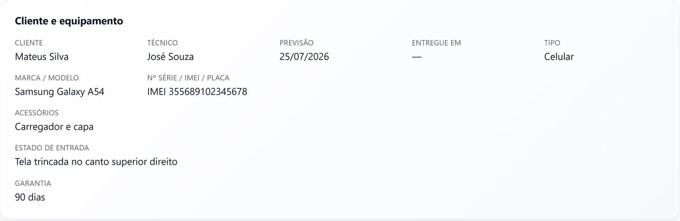Bloco cliente e equipamento da OS: cliente Mateus Silva, técnico José Souza, previsão 25/07/2026, Samsung Galaxy A54, IMEI, acessórios, estado de entrada e garantia de 90 dias