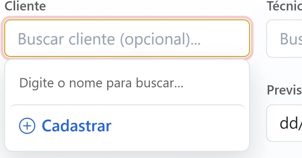 Campo de cliente da nova OS com a busca aberta e a opção de cadastrar o cliente na hora
