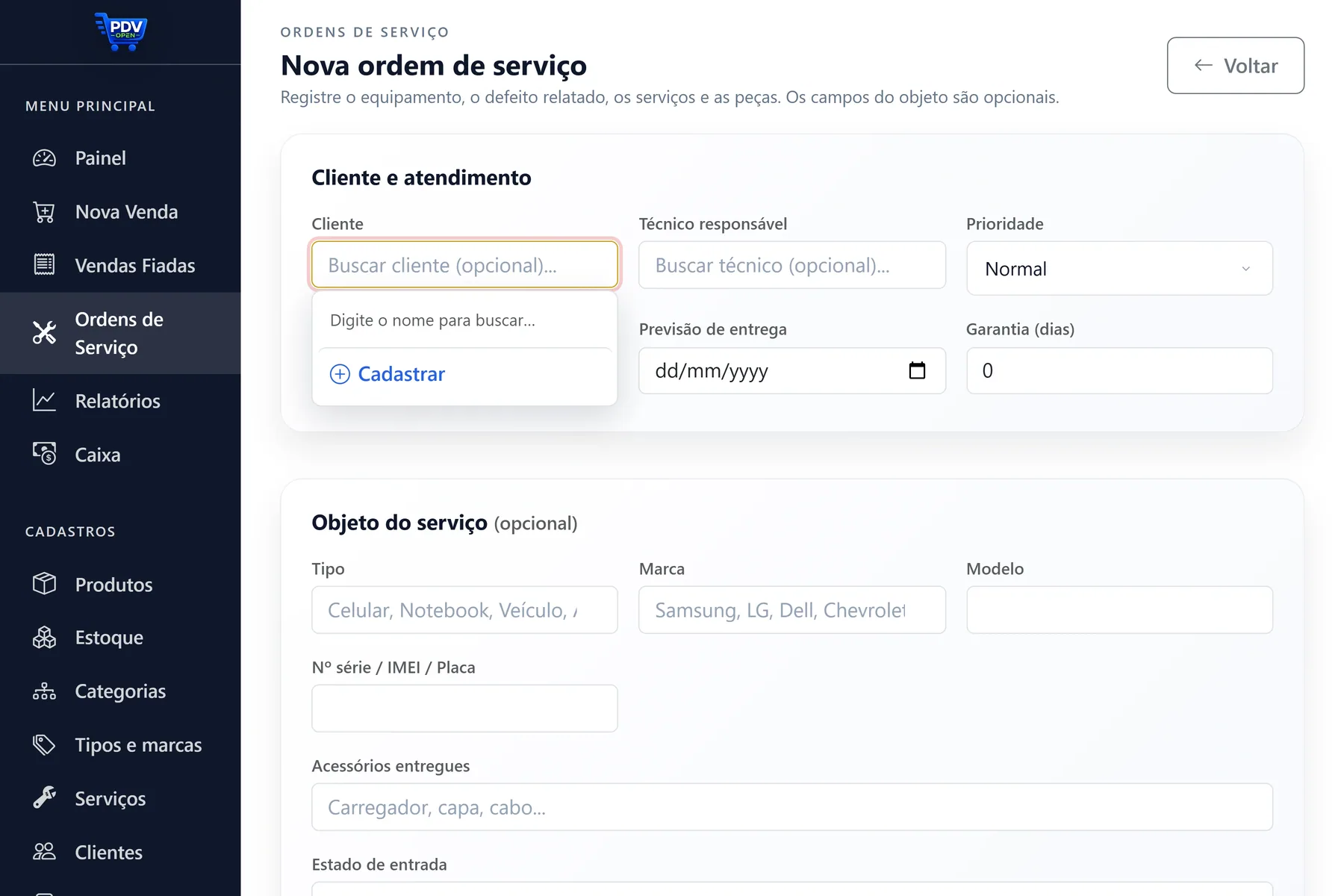 Tela de nova ordem de serviço no PDV Open: cliente, técnico responsável, prioridade, previsão de entrega, garantia e cadastro do equipamento