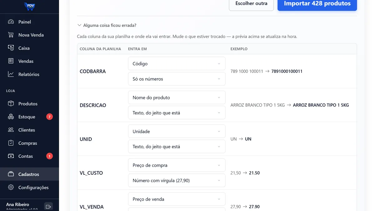 Importação da planilha do sistema antigo no PDV Open